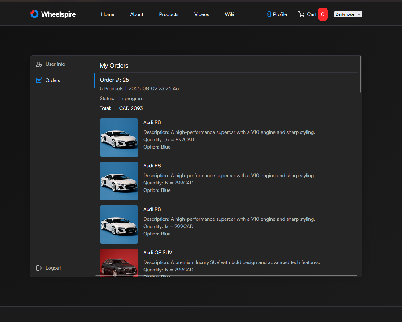 Screenshot showing the cart.